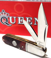 Queen Cutlery Co. Clip & Pen Blade Barlow Brown Sawcut Bone Folding Pocket Knife picture