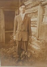 1907-1915 RPPC Postcard Tall Young Man in Suit by Log Cabin picture