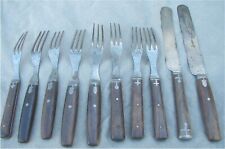 Lot-10 Vtg. Antique 1800s Flatware Knives/3 Tine Forks Wood Handles-Old Camping picture