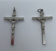 Lot of 2 Silver Tone Crucifix Medal Pendants for Necklace or Rosary 1.5” ITALY picture
