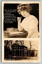 Tama Iowa~School Building~Lovely Lady Chews Pen~Leo Reminds To Write~1913 RPPC picture