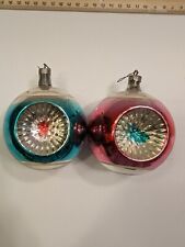 VTG Pair Double Indented Made In USA Glass Pink & Green Christmas Ornaments picture