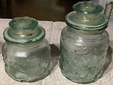 Vintage Libbey Glass (2 Piece) Orchard Fruit Embossed Green Glass Canisters picture