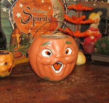 Prim Antique Vtg Paper Mache Style Halloween Jack-O-Lantern Org. Pumpkin Bucket picture
