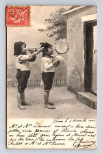 c1903 French Portrait Young Boy Girl Playing Bugle Cymbals Music Door Postcard picture
