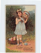 Postcard Easter Greetings with Girl Eggs Easter Embossed Art Print picture