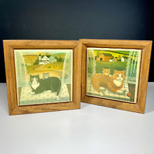 Vintage Kimberly Enterprise Ceramic Tile Cat Framed Tile Art Framed Set of 2 picture