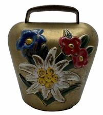 Antique Brass Cow Bell Swiss Alpine Hand Painted Edelweiss Lucerne Farmhouse picture