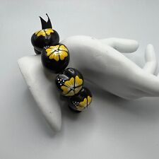 Hawaiian Necklace Bracelet Black Yellow Hibiscus Flower Handmade Stretch picture