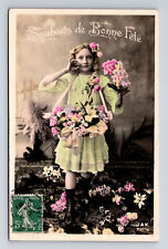 RPPC Young French Girl Flowers Bonne Fete Hand Colored Paris Real Photo Postcard picture