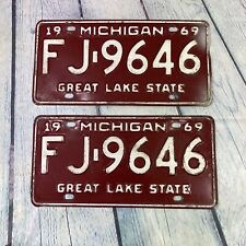 Vintage Michigan License Plate Tag Sign Set 1969 Red Great Lake Man Cave FJ-9646 picture