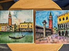 BEAUTIFUL HANDMADE VENETIAN ART TILE 6x6in SET OF TWO FROM VENICE VENEZIA ITALY picture