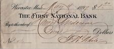 c1897 The First National Bank Worcester Massachusetts MA Bank Check Paper picture