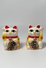 Japanese Right And Left Paws Beckoning Cat Maneki Neko Ceramic Figurine Set of 2 picture
