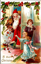 Red Robe Santa Claus Brings Toys To Children~Antique Christmas Postcard~k115 picture