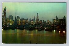 New York City NY-View Of Lower Manhattan At Night, Vintage c1953, Postcard picture