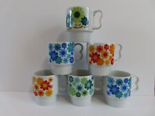 6 Vintage MCM 70s Flower Power Mod Retro Stacking Cups, Mugs, Red, Blue, Green picture
