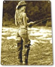 Open Fly Pinup Girl Sexy Cowgirl Fishing Man Cave Wall Art Decor Metal Tin Sign picture