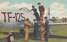 U.S.A.F. Preflight Students Looking at an F-80 Jet Fighter, early linen postcard picture