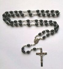 Vtg Sterling Silver Rosary 18 In Blk Wood Beads Mary Jesus Medal Crucifix 1 5/8 picture
