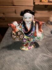 Vintage Chinese Porcelain Good Luck Fortune Figurine Woman with Coin Peach picture