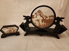 Pair of Vintage Chinese San You Cork Art Hand Carved Diorama Pagado Birds Trees picture
