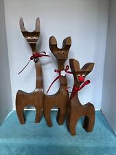 Vintage Mid Century Carved Wood Reindeer 17.5, 14.5, 11.5 Inches Tall picture