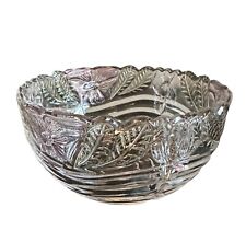 Lead Crystal Fruit Bowl Dish w/ Purple Flowers & Green Tinted Leaves Vintage picture