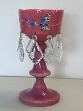 ANTIQUE VICTORIAN PINK GLASS HAND PAINTED MANTLE LUSTER LAMP ENAMEL PRISMS VTG picture
