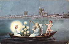 Frohliche Weihnachten Christmas Angels Harp Gondola Vintage Postcard picture