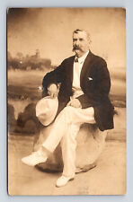 RPPC Studio Portrait of Finely Dressed Man in Suit White Hat Lighthouse Postcard picture