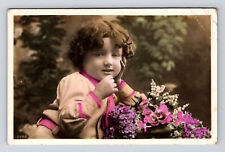 c1910 RPPC French Hand Colored Portrait Young Flower Girl Curly Hair Postcard picture
