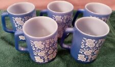 Set of 5 - Unused- Vintage Federal Glass Mugs Blue with White Flowers Calico picture