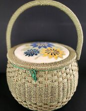 Vintage JC Penney Woven Round Wicker Sewing Basket w/ Satin Lining Md in Japan picture