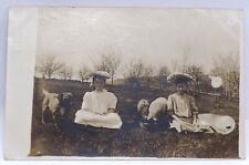 Two Little Girls Lambs Dog Real Photograph Postcard 1908 Antique Vintage picture