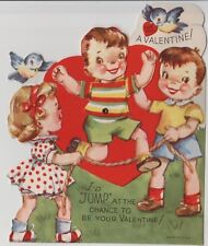 VTG 1930'S 40'S DIE CUT MECHANICAL VALENTINES DAY CARD CHILDREN JUMP ROPE picture