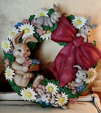 Vintage Ceramic Bunny Wreath With Burgundy Bow Signed And Dated 1994 Wall... picture