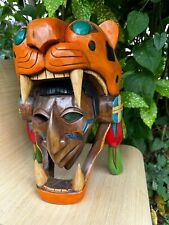 Hand Carved Mayan Wood Mask Warrior Pyramid Artwork Jaguar Snake Mexico Cedar  picture