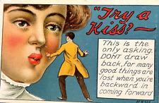 Antique 1910s Romance Comic Greetings Postcard “ Try a Kiss?   F&W / Unused picture
