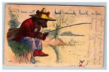 Dressed Bear Fishing with Rod on Bank River c1910 Vintage Postcard picture