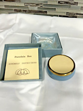 NIB- Vintage Framecraft Porcelain Round Trinket Box- Blue with Gold Rim picture