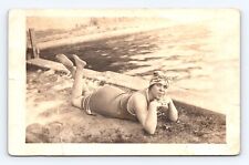 Old Postcard Woman Lady Posing Swimsuit Bathing by Pool  Pre 1907 Antique picture