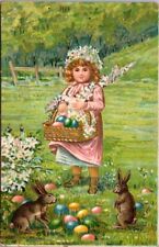 Antique Postcard Easter Victorian Girl Basket Eggs Rabbits Undivided Back c1907 picture