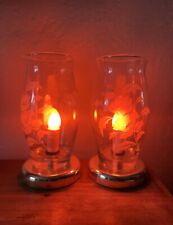 VINTAGE Pair Floral FROSTED HURRICANE TABLE LAMP Grannycore Cottagecore Decor picture