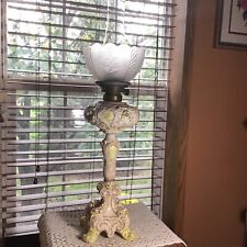 1800’s Beautiful 28” Dresden Style Intricate Floral Banquet Antique Oil Lamp picture