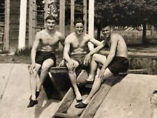 1958 Three Shirtless Guys Trunks Bulge Handsome Men Gay Int Vintage B&W Photo picture