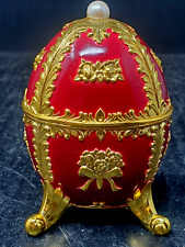 Vtg Red Sankyo Jeweled Enamel Musical Egg Trinket Jewelry Box Japan SEE VIDEO picture
