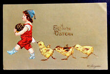 1908 artist Langner easter postcard baby chicks following little girl picture