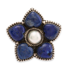 HUGE NATIVE AMERICAN STERLING LAPIS PEARL FLOWER & ROPE ADJUSTABLE RING 8.25 picture