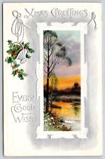 Postcard Xmas Greetings Every Good Wish Antique Embellished UNP WOB DB BB London picture
